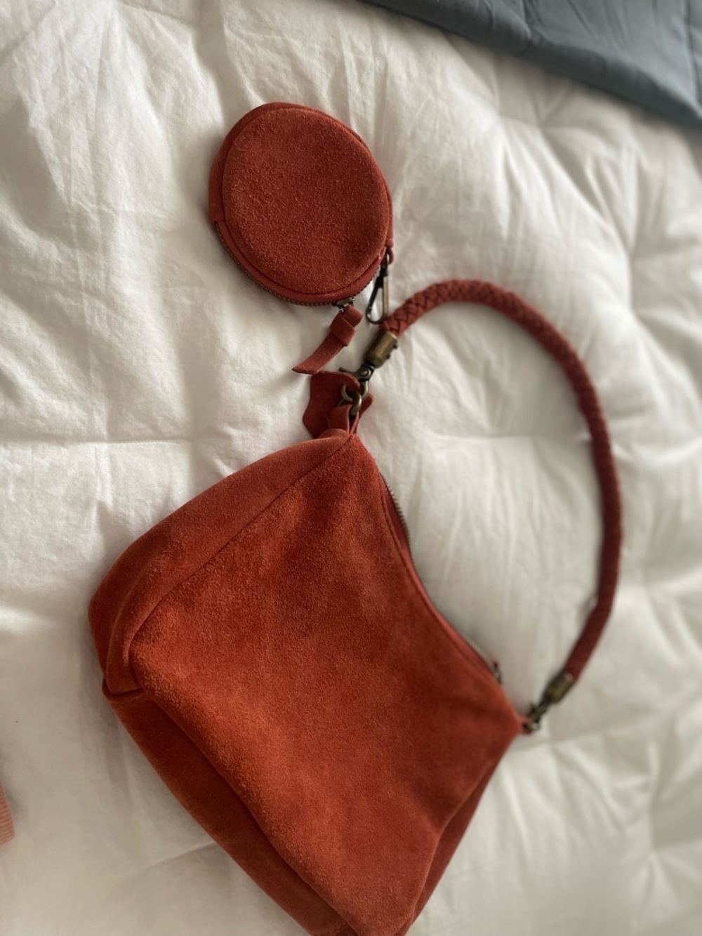 Anthropologie Suede Shoulder Bag in Rust with Coin Pouch